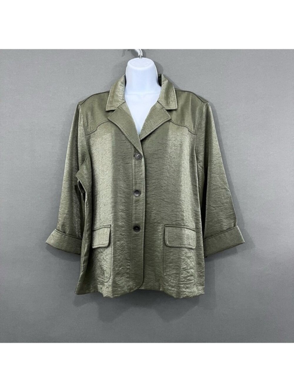 Chico’s Sage Green Lohan Button Front 3/4 Sleeve Jacket